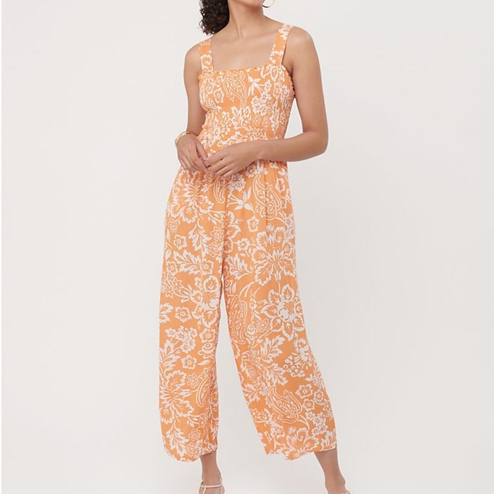 Loft Garden Smocked Strappy Jumpsuit size small cropped length, yellow/peach